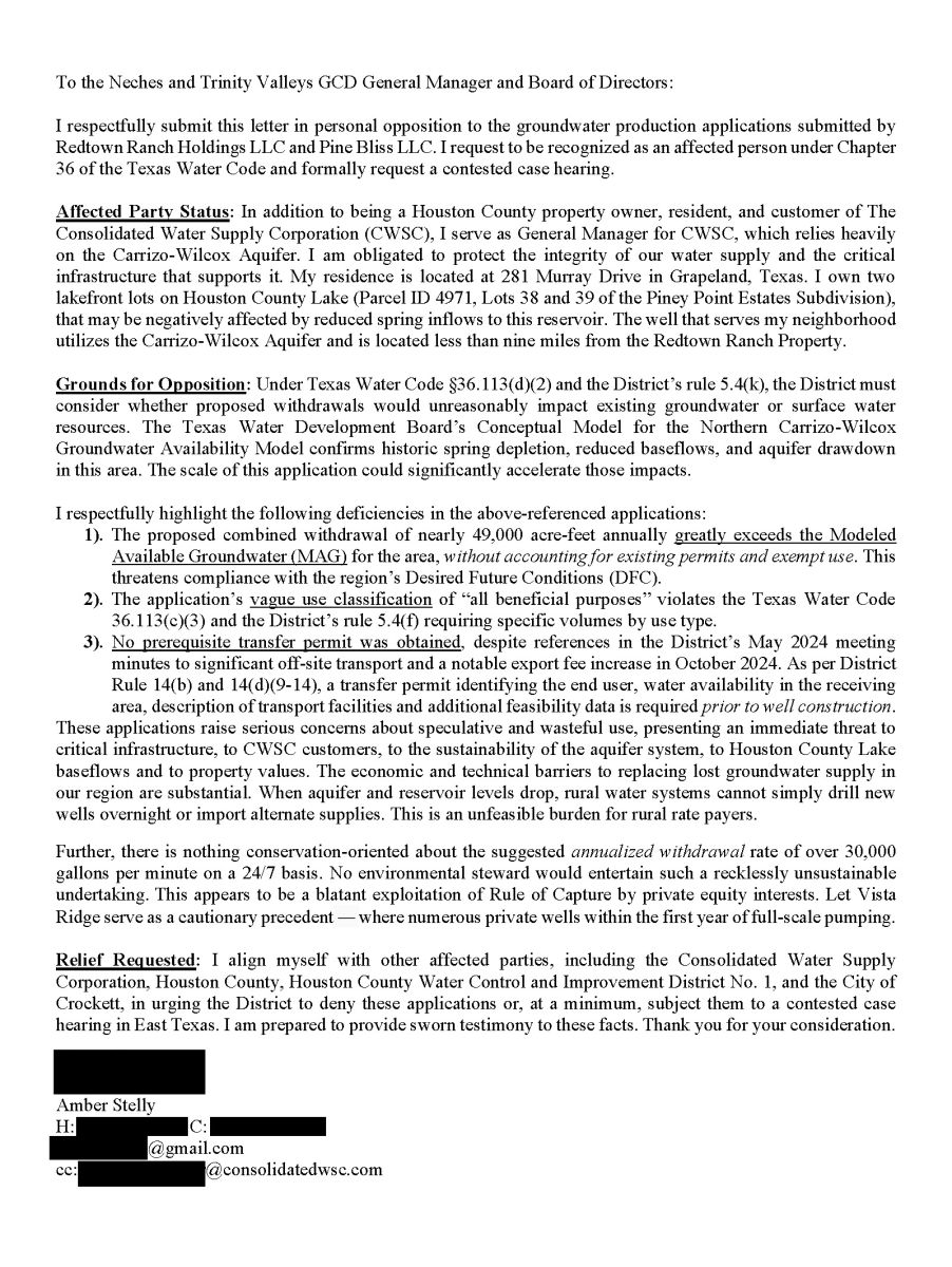 Opposition Letter from Consolidated general manager Amber Stelly